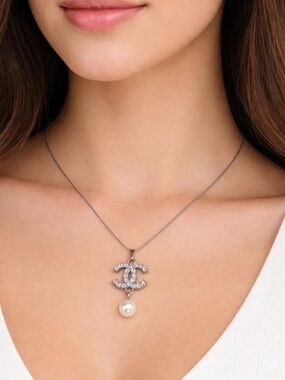 Up Cycle CHANEL Silver Crystal CC Logo Button Necklace with White Pearl Drop